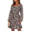 imageANRABESS Womens Long Lantern Sleeve Square Neck Dress Smocked Tiered High Waist Ruffle Flowy Swing 2025 Fall Short DressesFloral Navy Blue