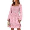 imageANRABESS Womens Long Lantern Sleeve Square Neck Dress Smocked Tiered High Waist Ruffle Flowy Swing 2025 Fall Short DressesFloral Pink
