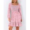 imageANRABESS Womens Long Lantern Sleeve Square Neck Dress Smocked Tiered High Waist Ruffle Flowy Swing 2025 Fall Short DressesFloral Pink