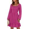 imageANRABESS Womens Long Lantern Sleeve Square Neck Dress Smocked Tiered High Waist Ruffle Flowy Swing 2025 Fall Short DressesHot Pink