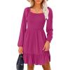 imageANRABESS Womens Long Lantern Sleeve Square Neck Dress Smocked Tiered High Waist Ruffle Flowy Swing 2025 Fall Short DressesHot Pink