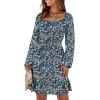 imageANRABESS Womens Long Lantern Sleeve Square Neck Dress Smocked Tiered High Waist Ruffle Flowy Swing 2025 Fall Short DressesPrint Blue White