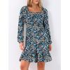 imageANRABESS Womens Long Lantern Sleeve Square Neck Dress Smocked Tiered High Waist Ruffle Flowy Swing 2025 Fall Short DressesPrint Blue White