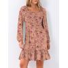 imageANRABESS Womens Long Lantern Sleeve Square Neck Dress Smocked Tiered High Waist Ruffle Flowy Swing 2025 Fall Short DressesPrint Rose Pink