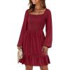 imageANRABESS Womens Long Lantern Sleeve Square Neck Dress Smocked Tiered High Waist Ruffle Flowy Swing 2025 Fall Short DressesRed
