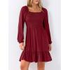 imageANRABESS Womens Long Lantern Sleeve Square Neck Dress Smocked Tiered High Waist Ruffle Flowy Swing 2025 Fall Short DressesRed
