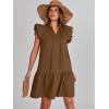 imageANRABESS Womens Summer VNeck Drawstring Ruffle Cap Short Sleeve Casual Shift Mini Dress with PocketsCamel