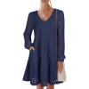 imageANRABESS Long Sleeve V Neck Dresses for Women Eyelet Hollow Out Business Casual Tiered 2025 Fall Mini Dress with PocketsNavy Blue