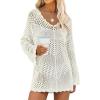 imageANRABESS Women Swimsuit Crochet Swim Cover Up Summer Bathing Suit Swimwear V Neck Mesh Knit Beach Dress 2025 Vacation OutfitsCream White
