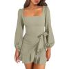 imageANRABESS Womens Dress Long Sleeve Square Neck Tie Waist Ruffle Hem Short Cocktail Wedding Guest Fall Party Club Mini DressesPea Green