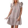imageANRABESS Womens Summer VNeck Drawstring Ruffle Cap Short Sleeve Casual Shift Mini Dress with PocketsGray Apricot
