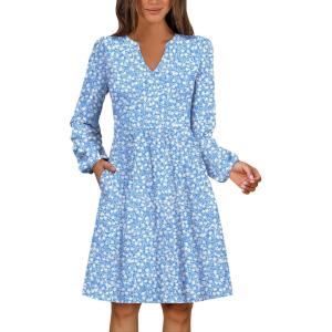 imageANRABESS Dresses for Women Long Sleeve Fall Casual V Neck Floral Boho Flowy Swing Mini Dress 2025 Travel Vacation OutfitsBlue White Floral