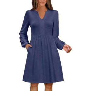 imageANRABESS Dresses for Women Long Sleeve Fall Casual V Neck Floral Boho Flowy Swing Mini Dress 2025 Travel Vacation OutfitsNavy Blue