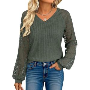 imageANRABESS Lace Long Sleeve Tops for Women 2025 Fall Business Casual V Neck Shirts Work Office Trendy Blouses Fashion OutfitsDeep Green