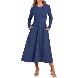 imageANRABESS Long Sleeve Midi Dresses for Women 2025 Fall Fashion Casual Rib Knit Patchwork Tight Top Modest Flowy Dress PocketNavy Blue