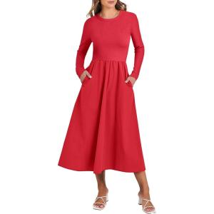 imageANRABESS Long Sleeve Midi Dresses for Women 2025 Fall Fashion Casual Rib Knit Patchwork Tight Top Modest Flowy Dress PocketRed