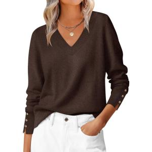 imageANRABESS Sweaters for Women Long Sleeve V Neck Shirts Business Casual Work Blouses 2025 Fall Loose Knit Pullover Sweater TopsCoffee