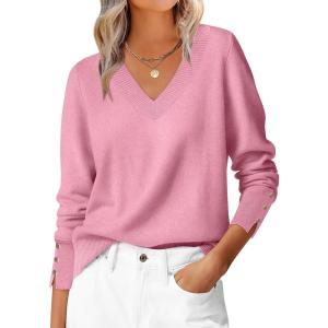 imageANRABESS Sweaters for Women Long Sleeve V Neck Shirts Business Casual Work Blouses 2025 Fall Loose Knit Pullover Sweater TopsCoral Pink