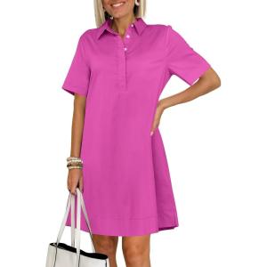 imageANRABESS Women Button Down Shirts Dress Summer Casual Oversized Short Sleeve Mini Dresses with Pockets 2025 TrendyHot Pink