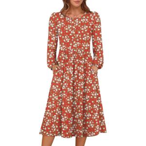 imageANRABESS Women Long Sleeve Midi Dress Crewneck 2025 Fall Fashion Casual Flowy ALine Long Dresses Vacation Outfit with PocketPrint Green White Floral