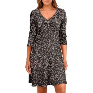 imageANRABESS Women Summer Casual 34 Sleeve V Neck Aline Knee Length Flowy Short Dresses with Pockets Black Brown Dot Large