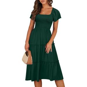 imageANRABESS Women Summer Casual Square Neck Flutter Sleeve Boho Smocked ALine Flowy Tiered Modest Midi Sun Dress with PocketsDark Green