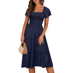 imageANRABESS Women Summer Casual Square Neck Flutter Sleeve Boho Smocked ALine Flowy Tiered Modest Midi Sun Dress with PocketsNavy Blue