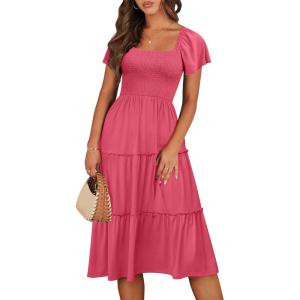 imageANRABESS Women Summer Casual Square Neck Flutter Sleeve Boho Smocked ALine Flowy Tiered Modest Midi Sun Dress with PocketsWatermelon