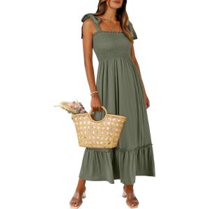 imageANRABESS Women Summer Casual Strap Smocked Maxi Flowy Tiered A Line Beach Travel Sundress Wedding Guest OutfitsArmy Green