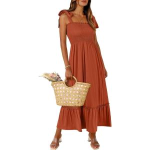 imageANRABESS Women Summer Casual Strap Smocked Maxi Flowy Tiered A Line Beach Travel Sundress Wedding Guest OutfitsBrick Red