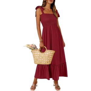 imageANRABESS Women Summer Casual Strap Smocked Maxi Flowy Tiered A Line Beach Travel Sundress Wedding Guest OutfitsBurgundy