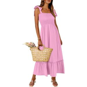 imageANRABESS Women Summer Casual Strap Smocked Maxi Flowy Tiered A Line Beach Travel Sundress Wedding Guest OutfitsPink