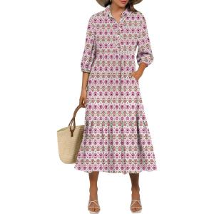 imageANRABESS Women Summer Dress 2025 34 Puff Sleeve Polo V Neck Floral Print Casual Boho Shirt Maxi Dress Beach Vacation ClothesPink White
