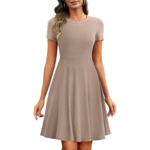 imageANRABESS Women Summer Short Sleeve Ribbed Knit Fit ampamp Flare ALine Flowy Business Casual Work Basic Mini Dress with PocketsLight Khaki