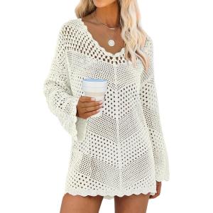 imageANRABESS Women Swimsuit Crochet Swim Cover Up Summer Bathing Suit Swimwear V Neck Mesh Knit Beach Dress 2025 Vacation OutfitsCream White