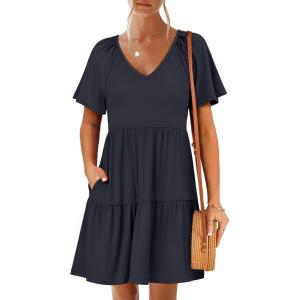 imageANRABESS Womens 2025 Summer Beach Vacation Dress Flutter Short Sleeve V Neck Flowy Casual Spring Mini Dress with Pockets Navy Blue Large