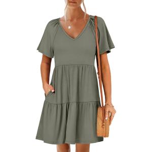 imageANRABESS Womens 2025 Summer Beach Vacation Dress Flutter Short Sleeve V Neck Flowy Casual Spring Mini Dress with Pockets Olive Large