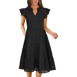 imageANRABESS Womens 2025 Summer Midi Dress Hollow Out Eyelet Ruffle Sleeve V Neck Casual Flowy Tiered Beach Vacation SundressBlack