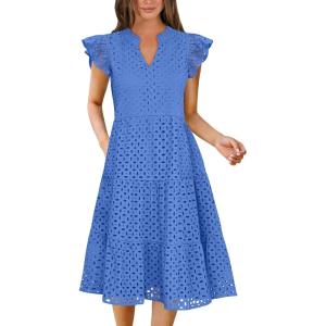 imageANRABESS Womens 2025 Summer Midi Dress Hollow Out Eyelet Ruffle Sleeve V Neck Casual Flowy Tiered Beach Vacation SundressBlue