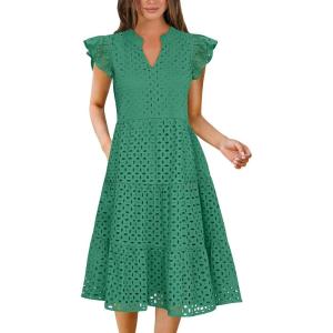 imageANRABESS Womens 2025 Summer Midi Dress Hollow Out Eyelet Ruffle Sleeve V Neck Casual Flowy Tiered Beach Vacation SundressDark Green