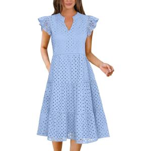 imageANRABESS Womens 2025 Summer Midi Dress Hollow Out Eyelet Ruffle Sleeve V Neck Casual Flowy Tiered Beach Vacation SundressLight Blue