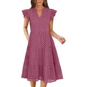 imageANRABESS Womens 2025 Summer Midi Dress Hollow Out Eyelet Ruffle Sleeve V Neck Casual Flowy Tiered Beach Vacation SundressWine Red