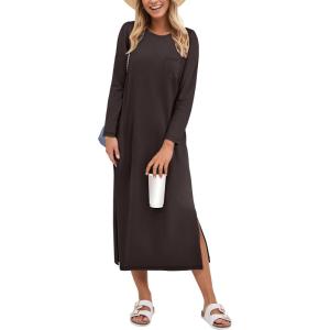 imageANRABESS Womens 34 Long Sleeve Striped Slit Midi T Shirt Dresses with Pockets 2025 Dressy Casual Fall Fashion Travel OutfitsCoffee
