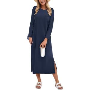 imageANRABESS Womens 34 Long Sleeve Striped Slit Midi T Shirt Dresses with Pockets 2025 Dressy Casual Fall Fashion Travel OutfitsNavy Blue
