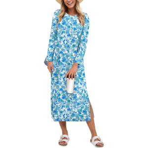 imageANRABESS Womens 34 Long Sleeve Striped Slit Midi T Shirt Dresses with Pockets 2025 Dressy Casual Fall Fashion Travel OutfitsPrint Lake Blue