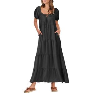 imageANRABESS Womens Boho Maxi Dresses 2025 Summer Casual Floral Puff Short Sleeve Tie Front Flowy Swing Tiered Long Beach DressBlack