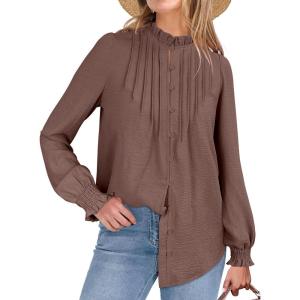 imageANRABESS Womens Button Down Shirts Long Sleeve Pleated Flowy Blouses Work Business Casual Dressy Tops 2025 Fall OutfitsBrown