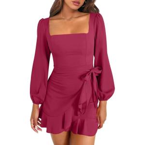 imageANRABESS Womens Dress Long Sleeve Square Neck Tie Waist Ruffle Hem Short Cocktail Wedding Guest Fall Party Club Mini DressesDark Red