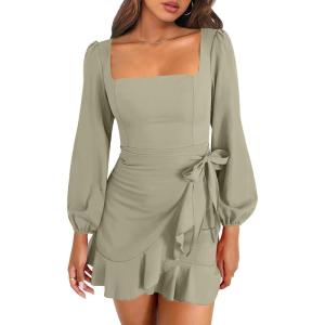 imageANRABESS Womens Dress Long Sleeve Square Neck Tie Waist Ruffle Hem Short Cocktail Wedding Guest Fall Party Club Mini DressesPea Green