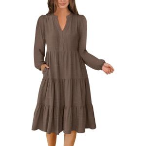 imageANRABESS Womens Fall Midi Dresses Long Sleeve V Neck Swing Tiered Work Business Casual 2025 Flowy Beach Vacation DressBrown